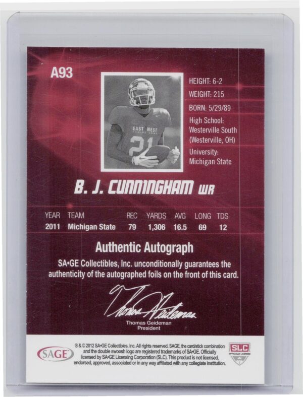2012 SAGE HIT B.J. Cunningham Auto #A93 Spartans Autographs Silver - Image 3
