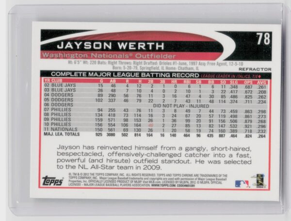 2012 Topps Chrome Jayson Werth Refractors #78 Nationals - Image 3
