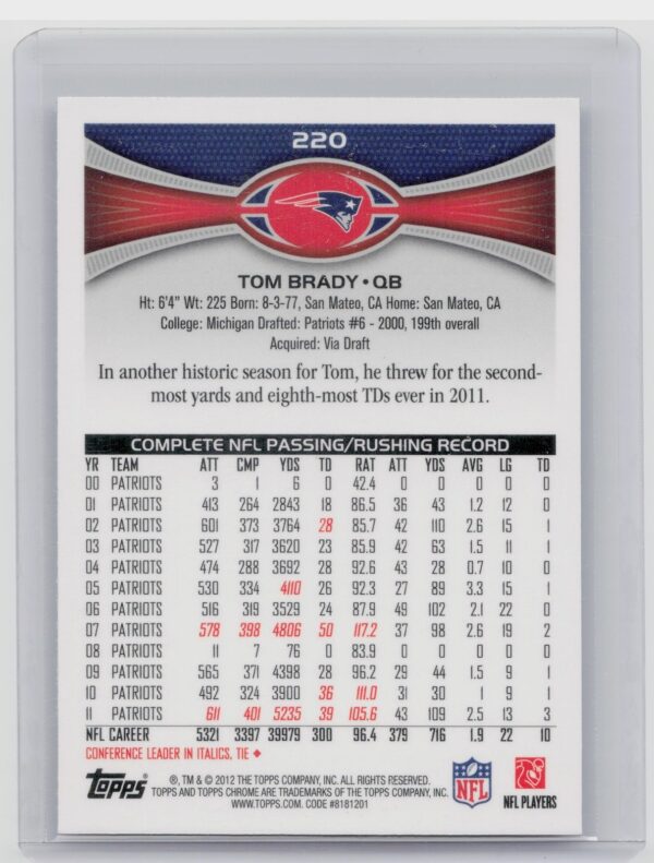 2012 Topps Chrome Tom Brady #220 Patriots - Image 3