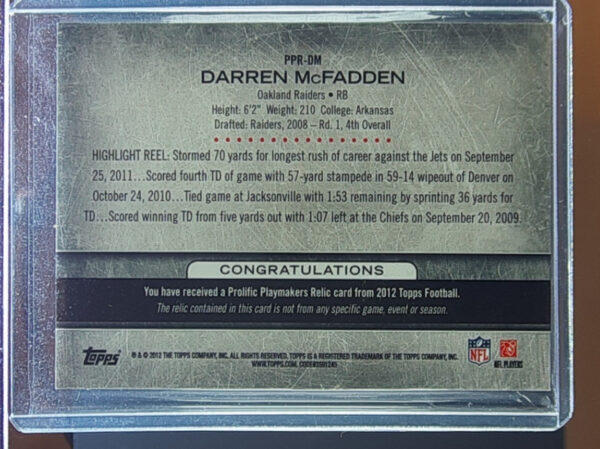 2012 Topps Darren McFadden MEM #PPR-DM Raiders Prolific Playmakers Relics - Image 3