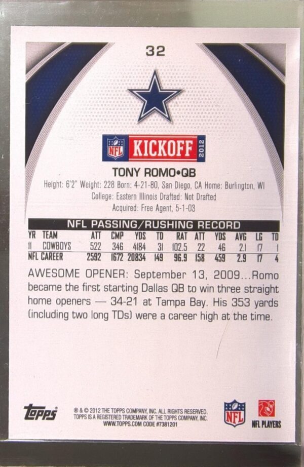 2012 Topps Kickoff Tony Romo #32 Cowboys - Image 3