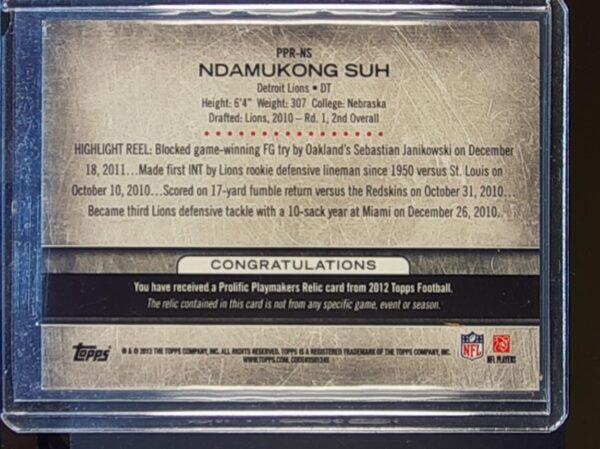 2012 Topps Ndamukong Suh JSY #PPR-NS Lions Prolific Playmakers Relics - Image 3