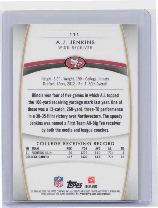 2012 Topps Platinum A.J. Jenkins RC #111 49ers - Image 3