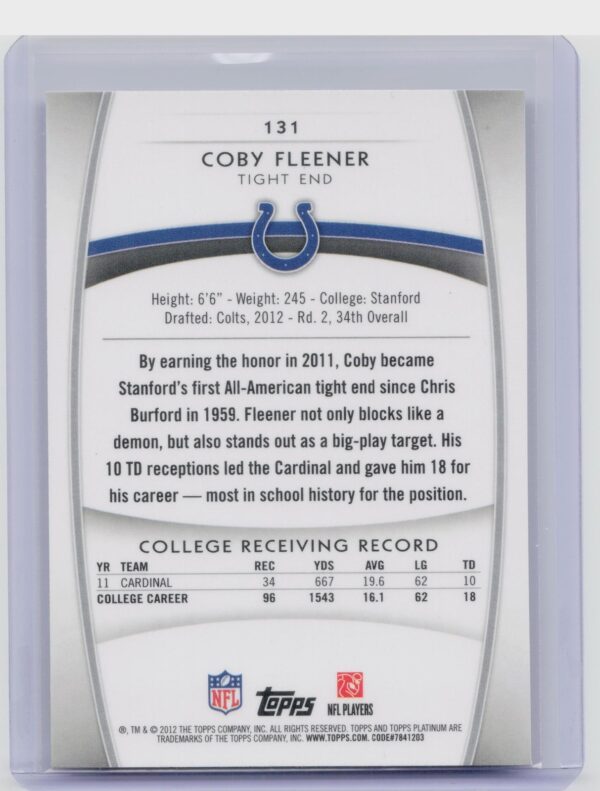 2012 Topps Platinum Coby Fleener #131 Colts - Image 3