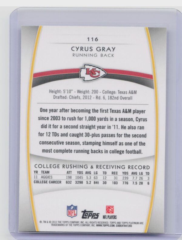 2012 Topps Platinum Cyrus Gray RC #116 Chiefs - Image 3