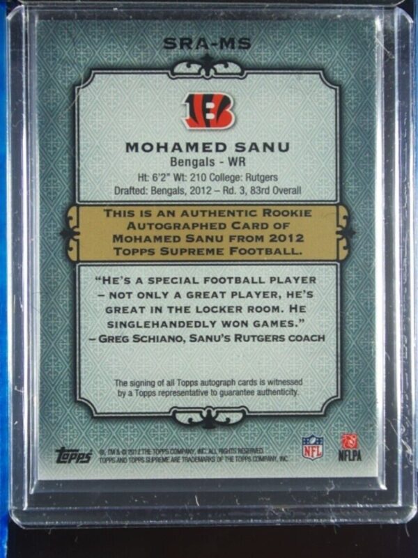 2012 Topps Supreme Mohamed Sanu AU SN25 #SRA-MS Bengals Rookie Autographs Violet - Image 3