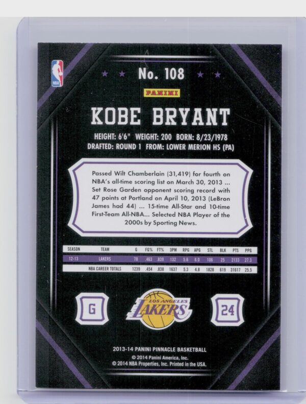 2013-14 Pinnacle Kobe Bryant #108 Lakers - Image 3