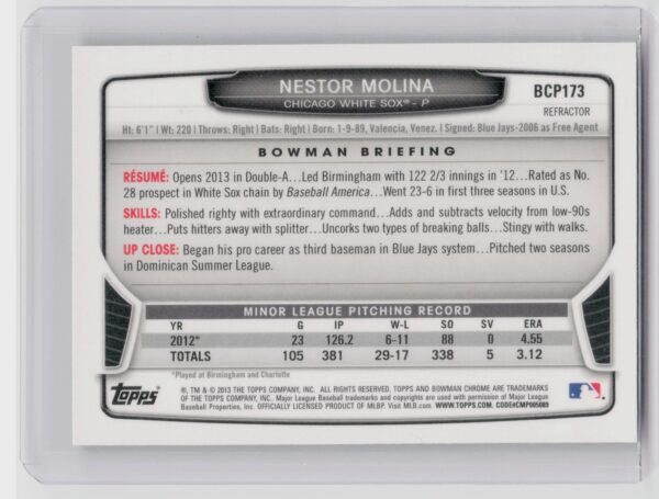 2013 Bowman Chrome Nestor Molina #BCP173 Sox Prospects Green Refractors - Image 3