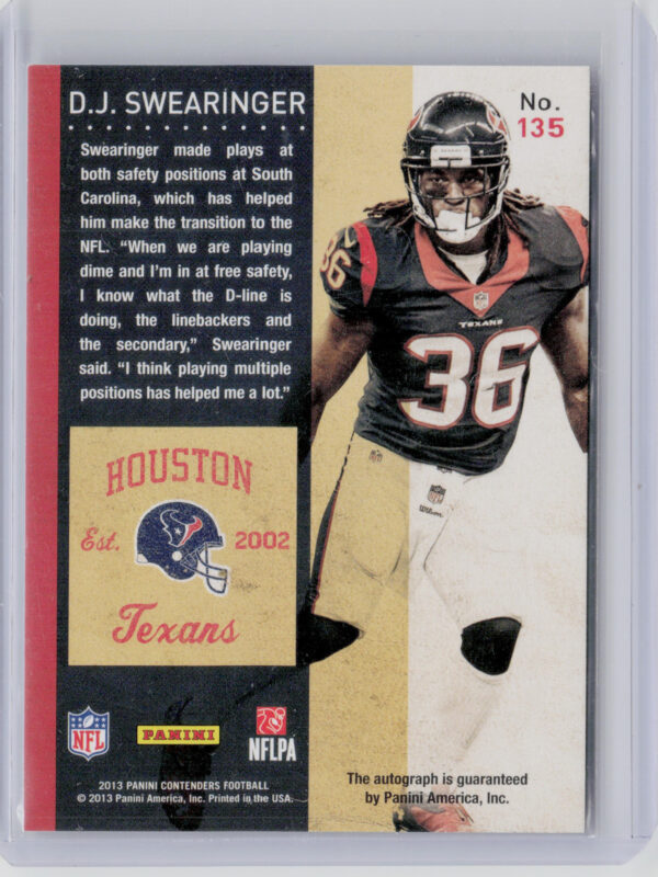 2013 Panini Contenders DJ Swearinger AU SP VAR #135 Texans - Image 3