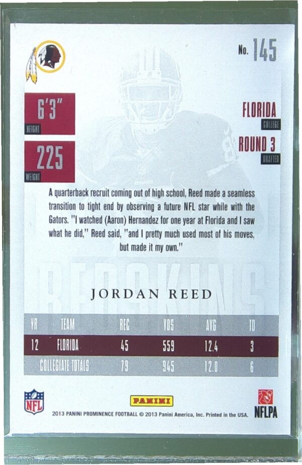 2013 Panini Prominence Jordan Reed Gold /199 RC #145 Redskins - Image 3