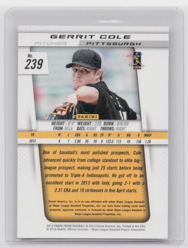 2013 Prizm Gerrit Cole RC #239 Pirates - Image 3