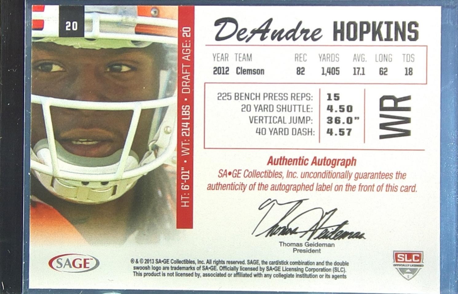 2013 SAGE DeAndre Hopkins Auto /50 RC #20 Tigers Autographs Green - Image 3