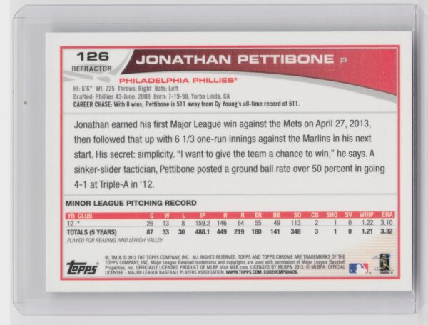 2013 Topps Chrome Jonathan Pettibone X Fractors #126 Phillies - Image 3