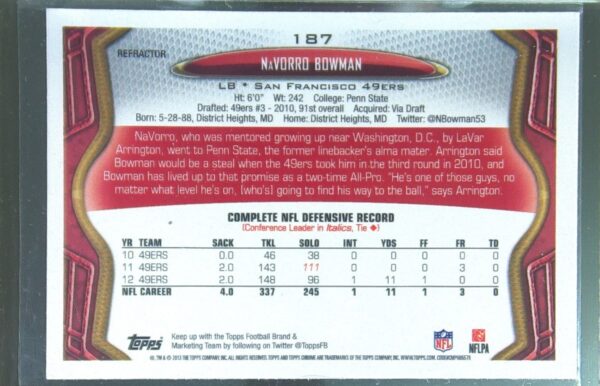 2013 Topps Chrome Navorro Bowman Orange Refractors #187 49ers - Image 3