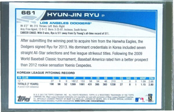 2013 Topps Hyun-Jin Ryu Blue RC #661 Dodgers - Image 3