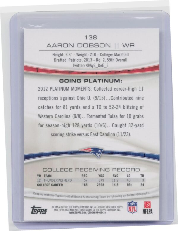 2013 Topps Platinum Aaron Dobson RC #138 Patriots - Image 3