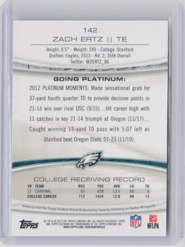 2013 Topps Platinum Zach Ertz RC #142 Eagles - Image 3