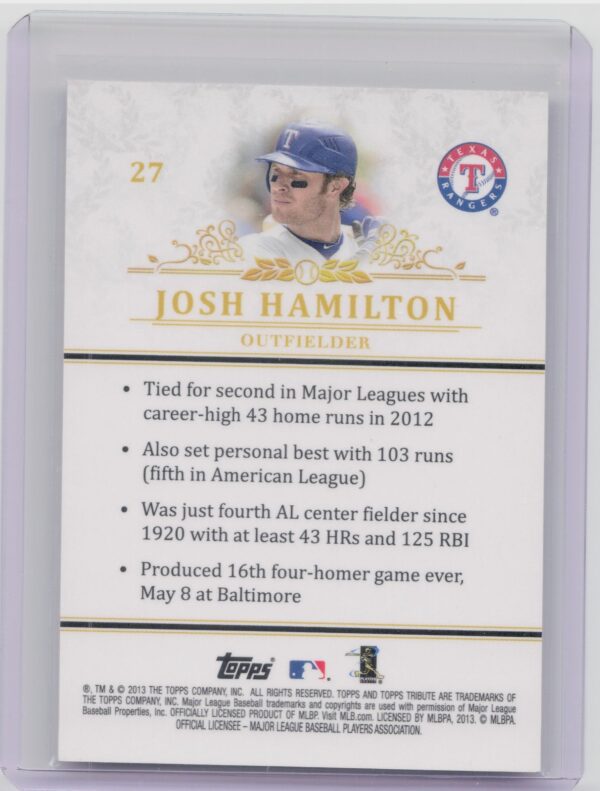 2013 Topps Tribute Josh Hamilton #27 Rangers - Image 3