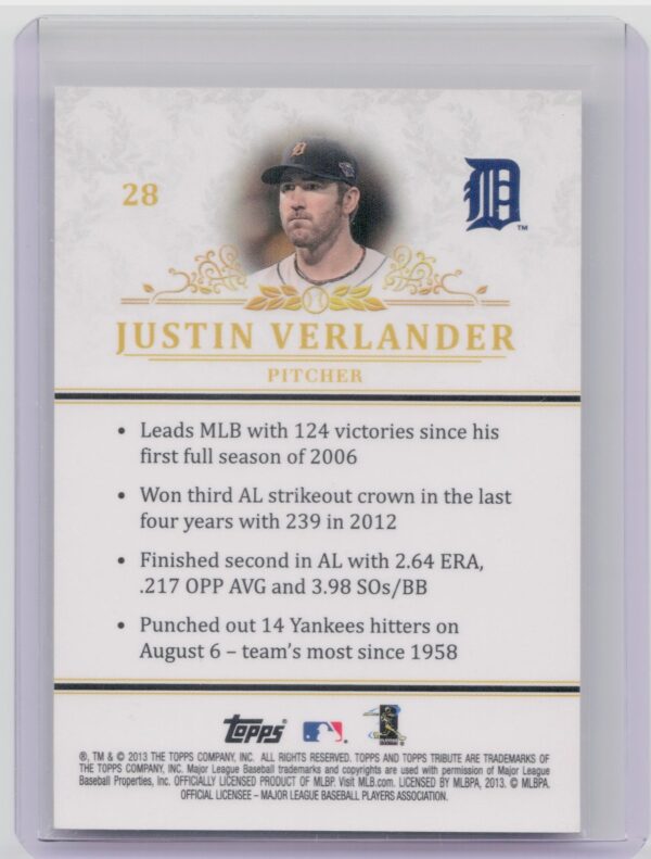 2013 Topps Tribute Justin Verlander #28 Tigers - Image 3