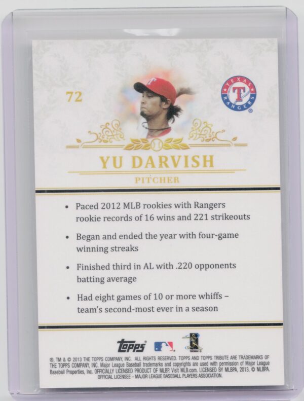 2013 Topps Tribute Yu Darvish #72 Rangers - Image 3