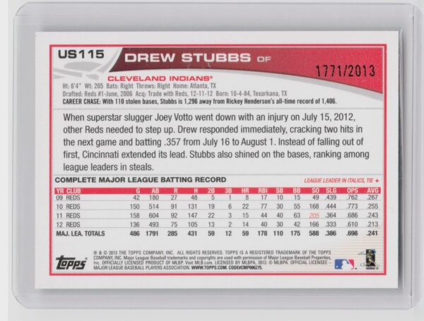 2013 Topps Update Drew Stubbs Gold /2013 #US115 Indians - Image 3