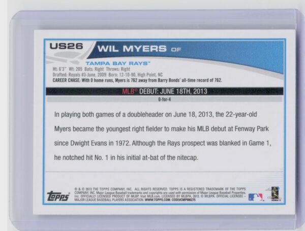 2013 Topps Update Wil Myers RC #US26 Rays - Image 3