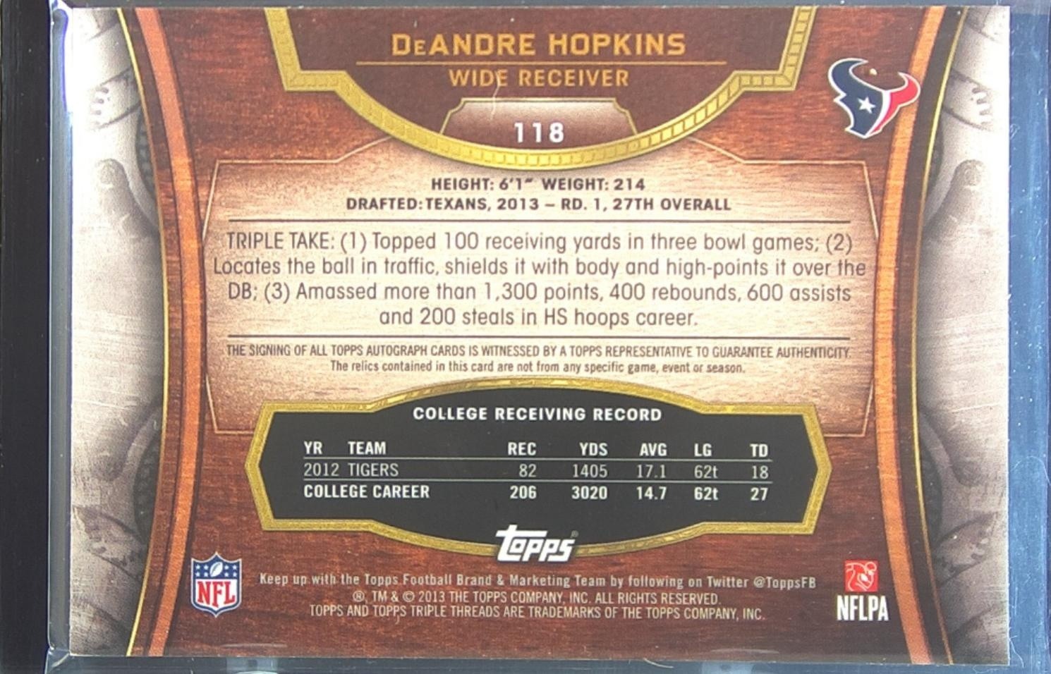 2013 Triple Threads DeAndre Hopkins Gold Auto /25 JSY #118 Texans RC RPA - Image 3