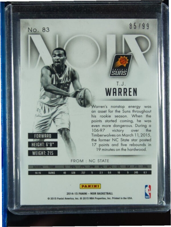 2014-15 Panini Noir T.J. Warren RC SN99 #83 Suns - Image 3