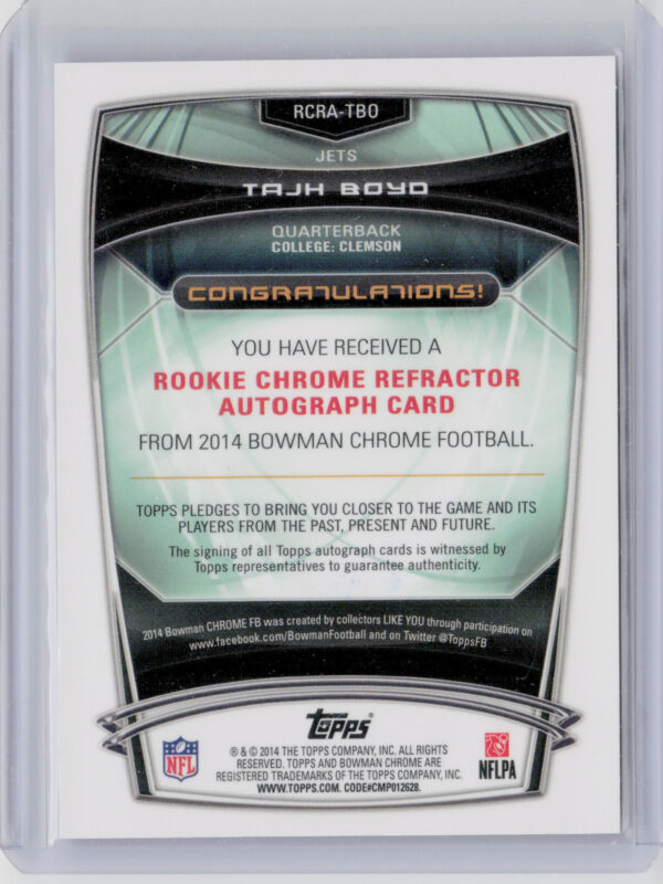 2014 Bowman Chrome Tajh Boyd AU SN199 #RCRA-TBO Jets Rookie Autographs Blue Refr - Image 3