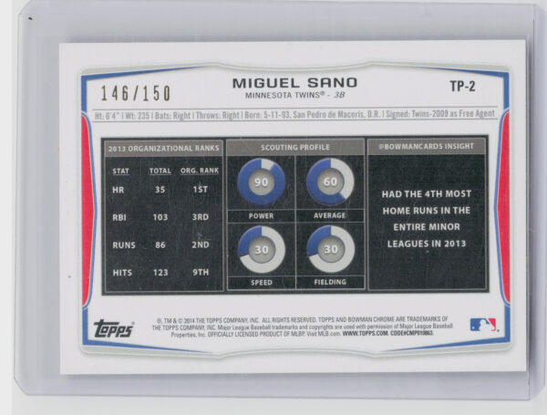 2014 Bowman Draft Miguel Sano SN150 #TP-2 Twins Top Prospects Red Ice - Image 3