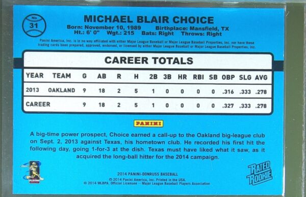 2014 Donruss Michael Choice Stat Line Season /278 RC #31 Rangers - Image 3