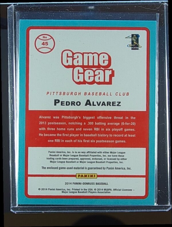 2014 Donruss Pedro Alvarez /25 JSY #45 Pirates Game Gear Prime - Image 3