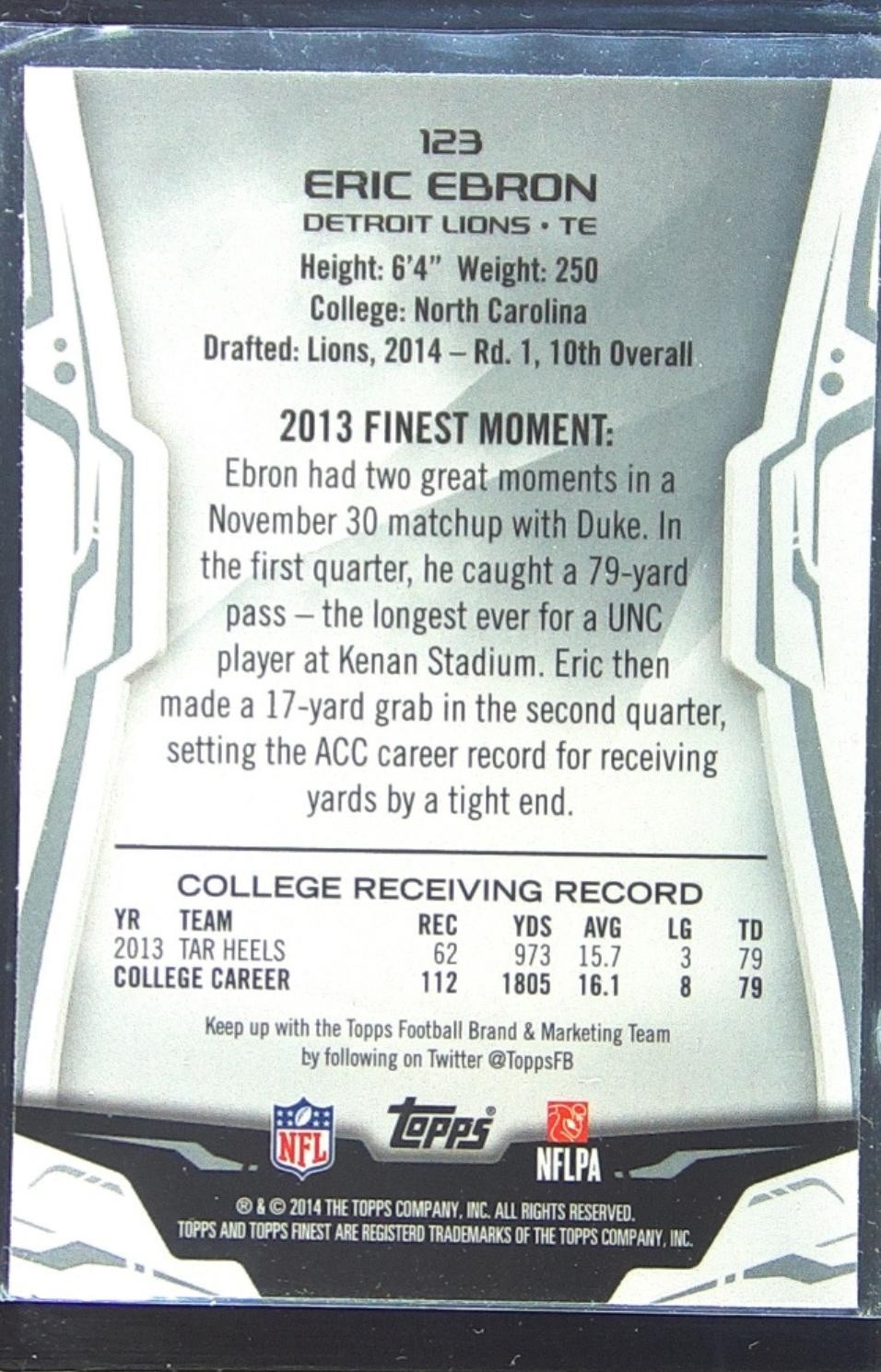 2014 Finest Eric Ebron Refractors RC #123 Lions - Image 3