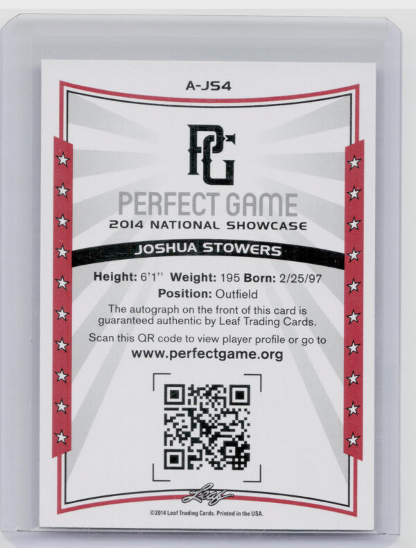 2014 Leaf Perfect Game Joshua Stowers AU SN50 #A-JS4 Autographs Gold - Image 3