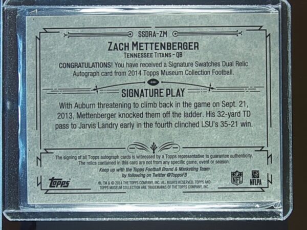 2014 Museum Collection Zach Mettenberger AUTO /200 JSY #SSDRA-ZM Titans - Image 3