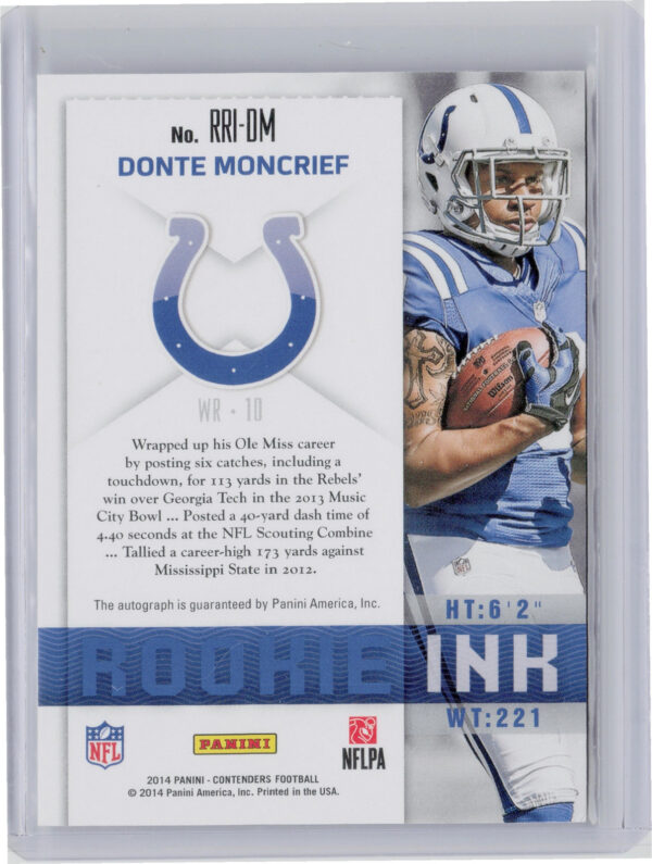 2014 Panini Contenders Donte Moncrief AU #RRI-DM Colts Rookie Ink Rookie Premier - Image 3