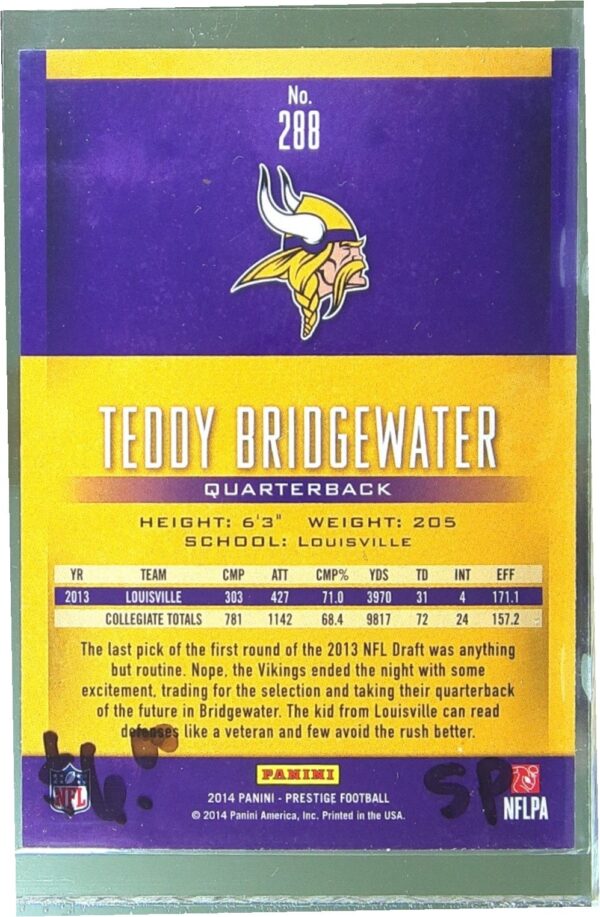 2014 Panini Prestige Teddy Bridgewater SP VAR RC #288 Vikings - Image 3