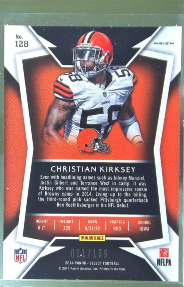 2014 Select Christian Kirksey Prizm Fuchsia /199 RC #128 Browns - Image 3