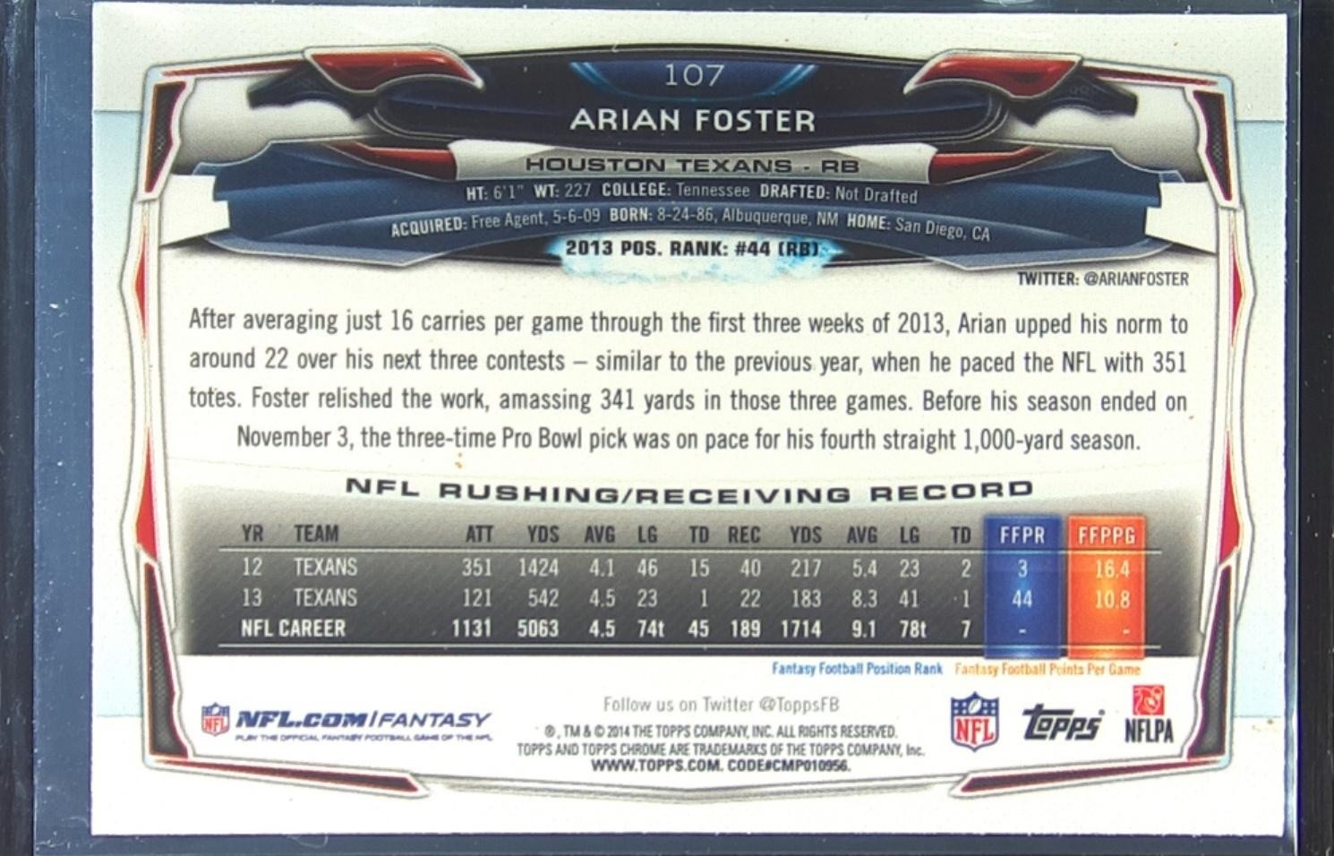 2014 Topps Chrome Arian Foster Refractor #107 Texans - Image 3