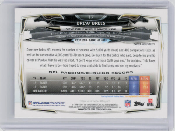 2014 Topps Chrome Drew Brees Refractor #17 Saints - Image 3