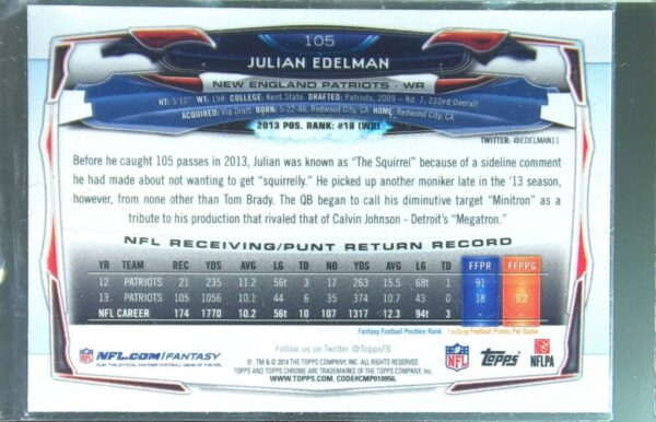 2014 Topps Chrome Julian Edelman Green Refractor #105 Patriots - Image 3