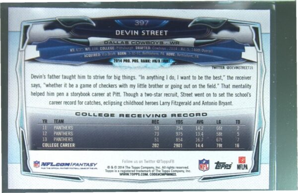 2014 Topps Devin Street RC #397 Cowboys - Image 3
