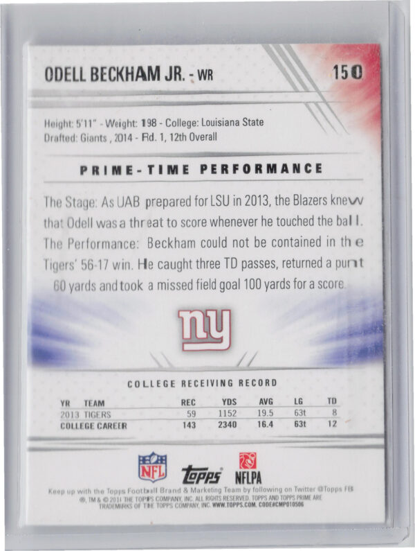 2014 Topps Prime Odell Beckham Jr. RC #150 Giants - Image 3