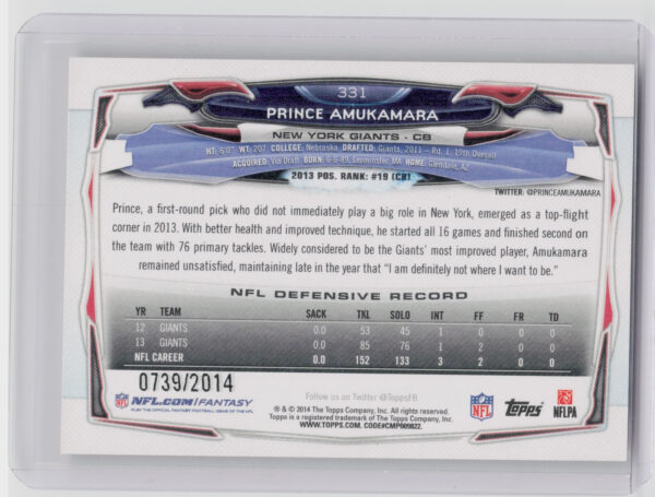 2014 Topps Prince Amukamara Gold SN2014 #331 Giants - Image 3