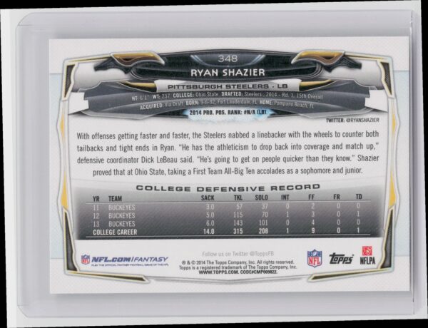 2014 Topps Ryan Shazier RC #348 Steelers - Image 3