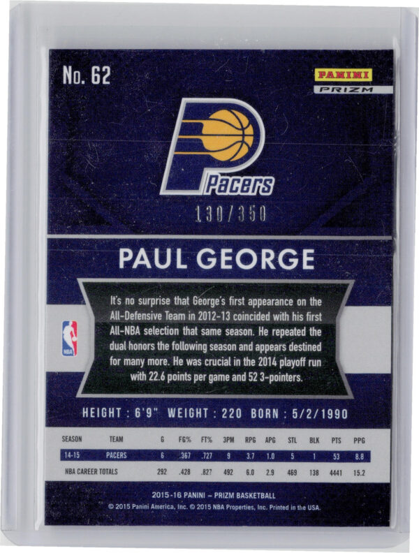 2015-16 Panini Prizm Paul George Ruby Wave Prizms SN350 #62 Pacers - Image 3