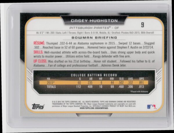 2015 Bowman Draft Casey Hughston Chrome Refractors #9 Pirates - Image 3