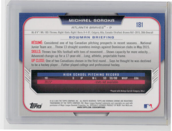 2015 Bowman Draft Michael Soroka #181 Braves - Image 3