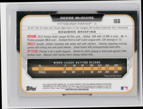 2015 Bowman Draft Reese McGuire Chrome Blue Sky Refractors #166 Pirates - Image 3
