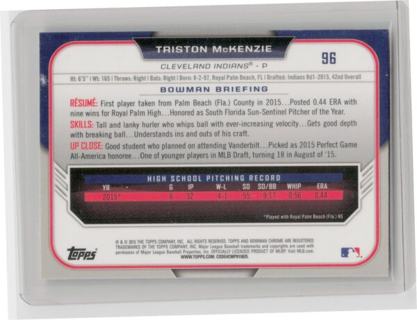 2015 Bowman Draft Triston McKenzie Chrome #96 Indians - Image 3